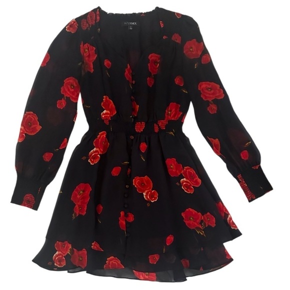 Intermix Kayla Poppy Floral 100% Silk Mini Short Dress, Black/Red, Size 0 - Picture 7 of 16